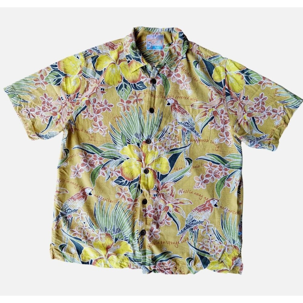 Mens Tropical Hawaiian Shirt Large Its 5 OClock Somewhere Yellow Parrot Floral B